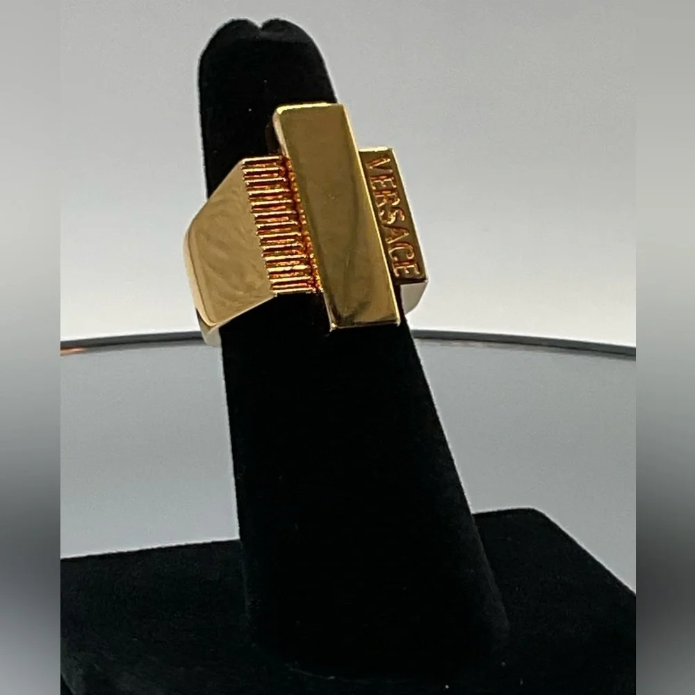 Versace Greca Logo Embossed Ring Statement Ring Gold Tone